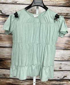 Sundance Small Blouse Top Green Cold Shoulder Short Sleeve Ruched Jersey